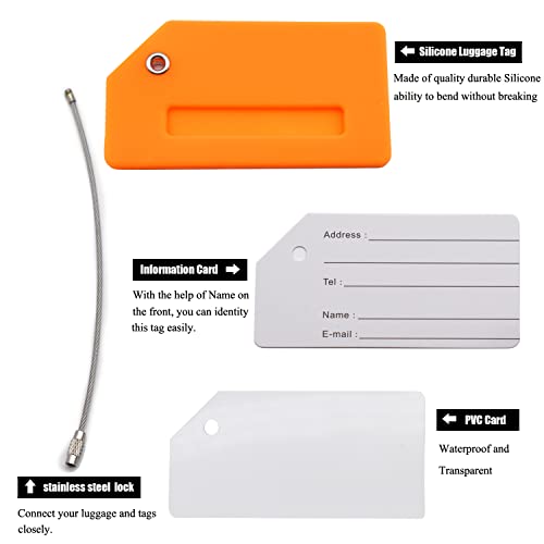 7 Pack Silicone Luggage Tag Baggage Handbag Travel Suitcase Tags with Name ID Card Perfect to Quickly Spot Luggage Suitcase (Set of 7 / Orange)