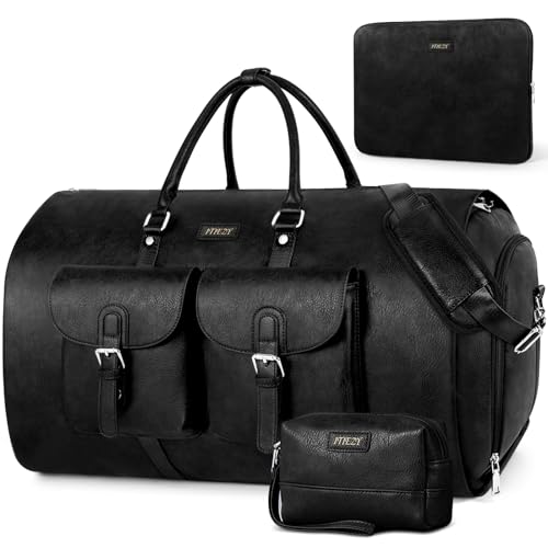 Garment Bag for Travel Convertible Carry on Travel Duffel Bag for Men Women (A3-Black-Faux Leather)