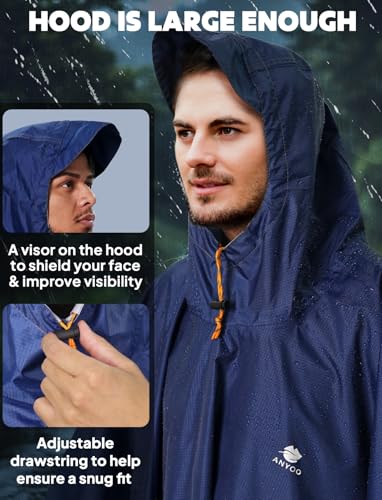 Hooded Rain Poncho for Adult Waterproof Lightweight Raincoat (Dark Blue)