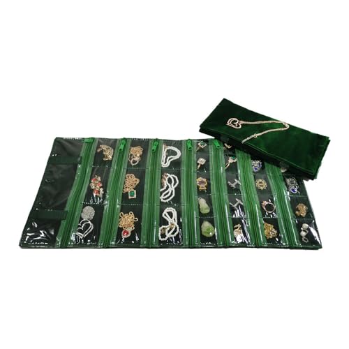 Travel Jewelry Roll Bag Portable Organizer Pouch With Grids&PVC Cover Storage Bags for Necklace (Blackish Green Velvet 29 Grids)