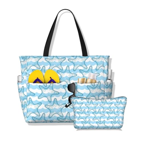 Waterproof Beach Tote Pool Bags for Women Ladies Extra Large Gym Tote Carry On Bag Wave starfish With Wet Compartment for Weekender Travel (Sea Wave)