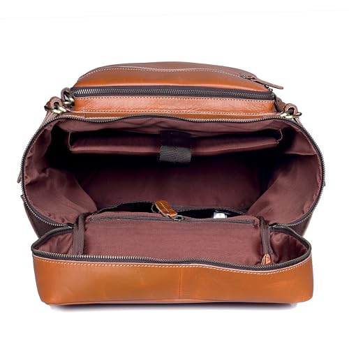 Leather Tan Backpack For Men Genuine Laptop Rucksack For Men Women Genuine Leather Vintage Large Capacity Business Retro Travel Camping Daypack (Tan)