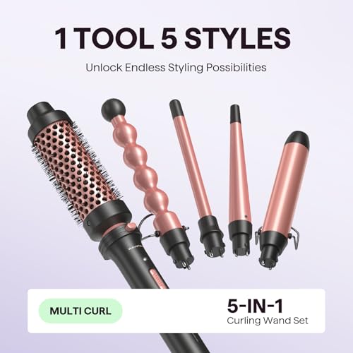 5 in 1 Curling Wand Set with Thermal Brush & 0.5" (Classic Rose Gold)