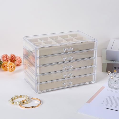 Acrylic Jewelry Organizer Box with 5 Drawers (Beige-5 layer 50grids)