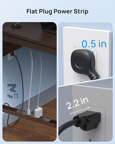 Wall Mount Power Strip Surge Protector with USB C Ports (Black / 3FT Flat Plug)