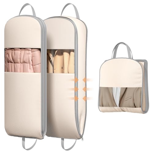 2 Pack 54" Space Saving Garment Bags for Hanging Clothes With Compression Zipper Carry Handles and Window (Beige / 54" 2 Pack)