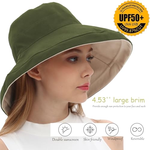 Womens Sun Hats Wide Brim Reversible Bucket Cotton Hat Packable Summer Travel Cap with Hat Clip (Large / Army Green+beige)
