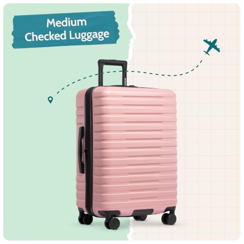 Boren Expandable Hardside Rugged Travel Luggage with 8 Spinner Wheels (Checked-Medium 26-Inch, No USB Port / Pink)