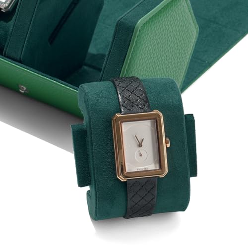 Green Leather Watch Roll Travel Case for Men (Green / 2-Slot)