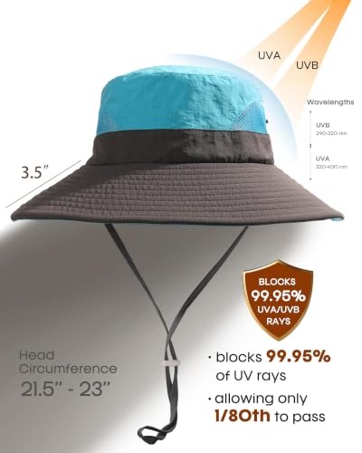 Womens Sun Hat with Ponytail Hole Beach Hiking Summer Wide Brim UPF 50+ Outdoor Protection Foldable Bucket Hat Blue (Blue)