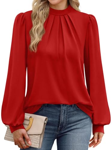 Womens Long Sleeve Tops Blouses for Women Dressy Casual Business Casual Outfits Fall Shirts for Women 2026 Fashion Clothing Mock Neck Cute Ladies Tunic Tops Trendy Red M (08 - Red / Medium)