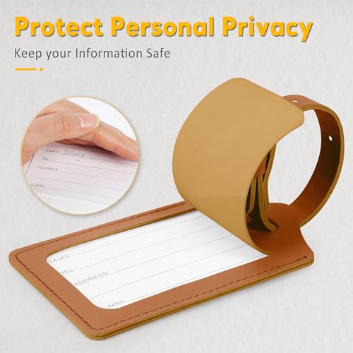4 Pack Leather Luggage Tags for Suitcases Travel Labels (Yellowish Brown)