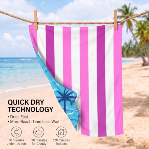 2 Pack Microfiber Beach Towels Oversized 71x32 Blue Pink Striped (2 Pack Blue Pink Multi / X-Large (32x71 inches))
