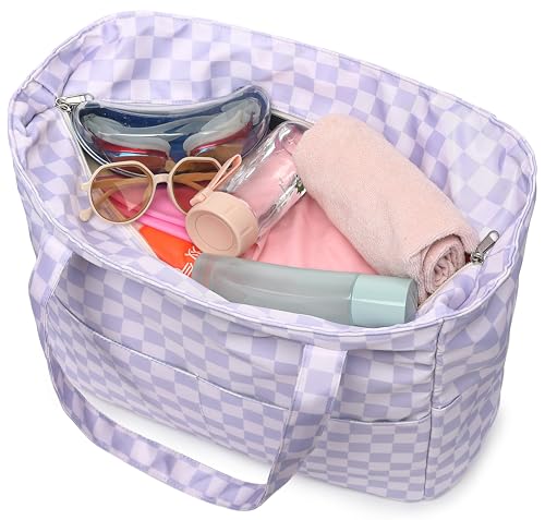 Large Beach Bag for Women (Checkerboard Purple and White)