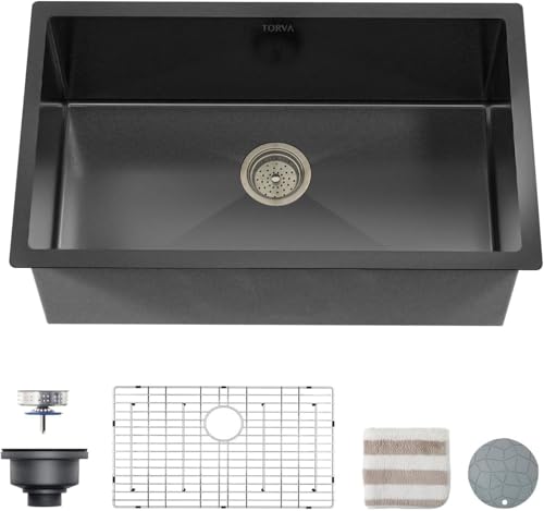 32 x 19 Inch Gloss Black Ceramic Coating with NanoTek Undermount Kitchen Sink (32 x 19 x 10 Inch / Dark Gray)