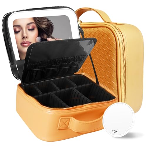 Travel Makeup Bag Cosmetic Bag Makeup Organizer Bag with Lighted Mirror (Apricot / Woven)