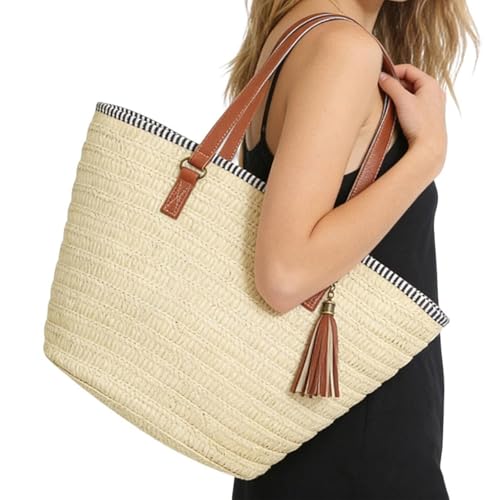 Large Beach Tote Bag with Zipper Straw Handbags for Women Summer Woven Shoulder Bag for Holiday Shopping Travel (Beige)