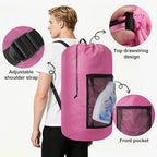Laundry Backpack Portable Travel Laundry Bags with Straps and Mesh Pocket (Pink / 2 Pack)