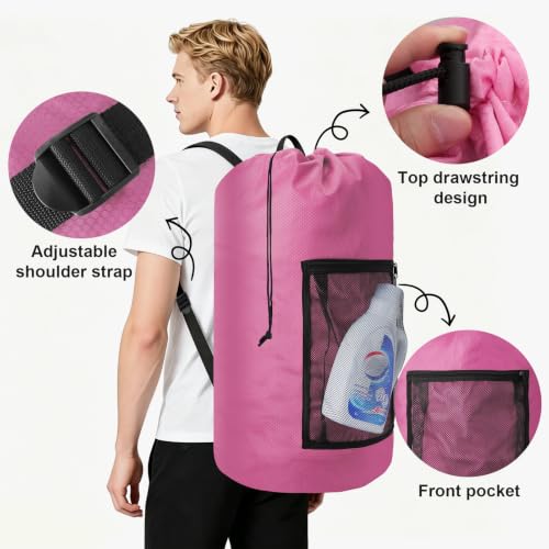 Laundry Backpack Portable Travel Laundry Bags with Straps and Mesh Pocket (Pink / 2 Pack)