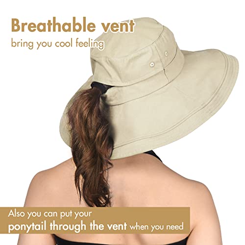Womens Sun Hat with Ponytail Hole Cotton Shapeable Wide Brim (Medium-Large / 02light Khaki)