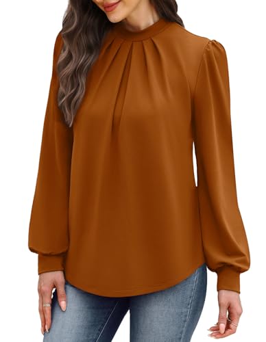 Fall Outfits for Women 2026 Long Sleeve Shirts for Women Blouses Business Casual Womens Tops Mock Neck Tunic Fall Tops Pleated Winter Clothes Fashion Clothing Caramel S (05 - Caramel / Small)