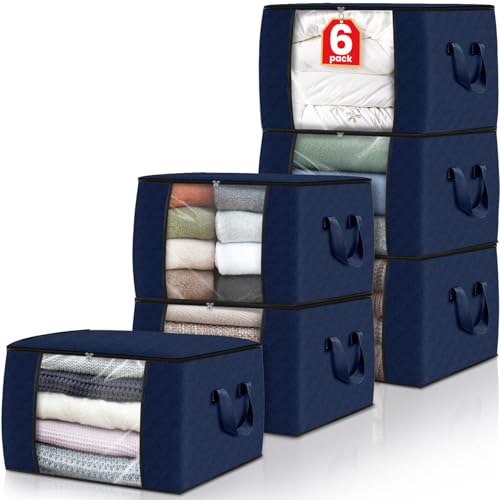 6 Pack Storage Bags for Clothes Blanket Storage Bins with Lids (6 Pack-60l / Blue)