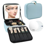 Travel Makeup Bag with LED Mirror and 10x magnifying glass with 3 Lighted Settings (Light Blue / With LED Mirror and 10x Magnifying Glass)