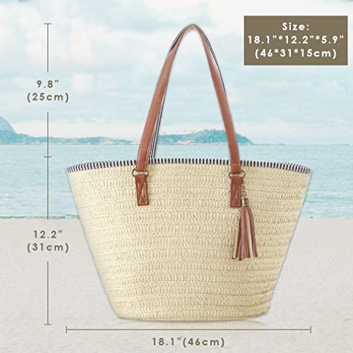 Large Beach Tote Bag with Zipper Straw Handbags for Women Summer Woven Shoulder Bag for Holiday Shopping Travel (Brown)