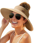 Womens Sun Hat with Ponytail Hole Wide Brim Beach Straw Visor Khaki (Medium / Khaki)