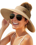 Womens Sun Hat with Ponytail Hole Wide Brim Beach Straw Visor Khaki (Medium / Khaki)