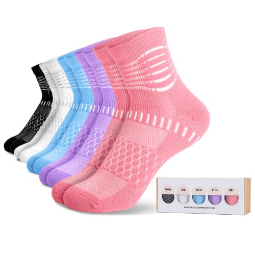 Ankle Compression Socks Women Men Plantar Fasciitis Relief 5 Pairs (Medium / Pink+purple+blue+black+white（5 Pairs Gift Box）)