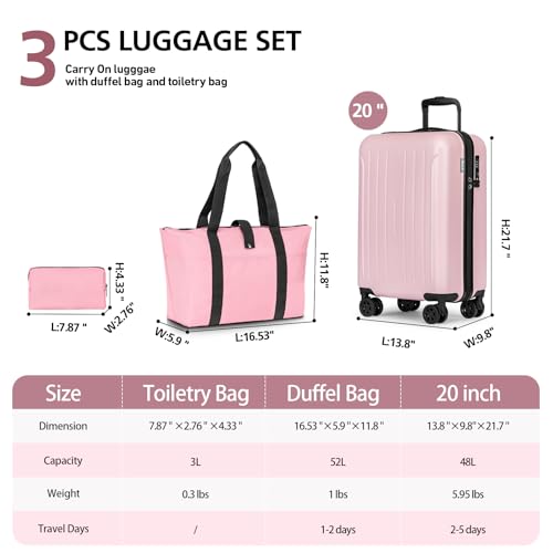 Carry On Luggage Sets 3 Piece 20 Inch Suitcase Set with Duffel Bag (Pink / 3Pcs Set(DB/TB/20))