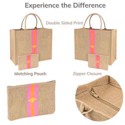 Large Beach Bag Jute Woven Pink and Orange. Pool and beach bags for women (Pink and Orange)