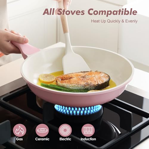 9.5In Nonstick Ceramic Frying Pan with Lid (Sakura Pink / 9.5 Inch)