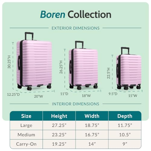 Boren Expandable Hardside Rugged Travel Luggage with 8 Spinner Wheels (3-Piece Set, USB Port in Carry-On / Lavender)