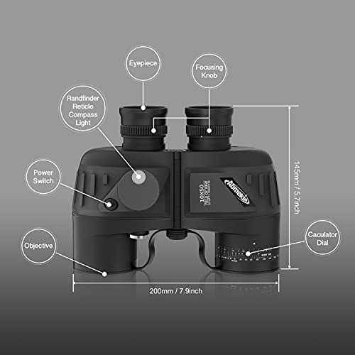 10x50 Waterproof Marine Binoculars for Adults with Rangefinder Compass BAK4 Prism FMC Lens for Birdwatching Hunting Boating Fishing Water Sports (Black)