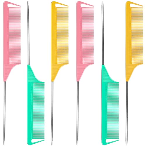 6 PCS Rat Tail Hair Parting Combs (Pink+Yellow+Green)