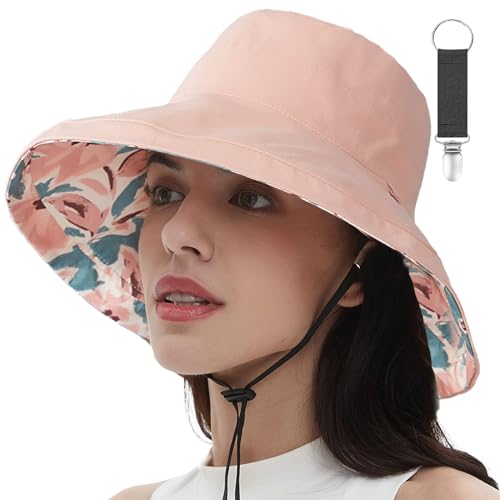 Womens Sun Hats Wide Brim Reversible Bucket Cotton Hat Packable Summer Travel Cap with Hat Clip (Medium / Pink)