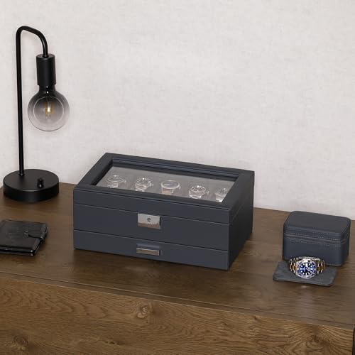 10 Slot Watch Box in Leather with Valet Drawer (Carbon)