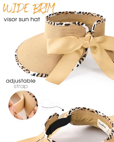 Women's Straw Sun Visor Hat UPF Wide Shade Ponytail Summer Hat (One Size / Leopard Print)