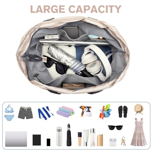Beach Bag Waterproof Sandproof Large Capacity Foldable for Women (Brown Stripe / 35L)