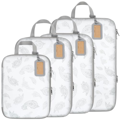 Compression Packing Cubes for Travel (01 White Teardrop-shaped Texture / 4-Piece Set)