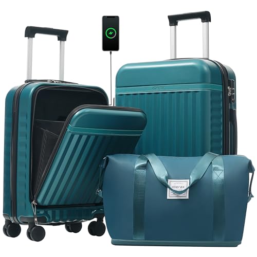 Luggage Sets Front Opening (2-piece Set / Dark Green+bag)