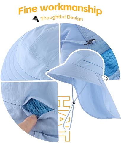 UPF 80+ Sun Hat for Men Women Wide Brim Sun Hat with Neck Flap Summer Beach UV Protection Gardening Fishing Hat (Soft Blue)