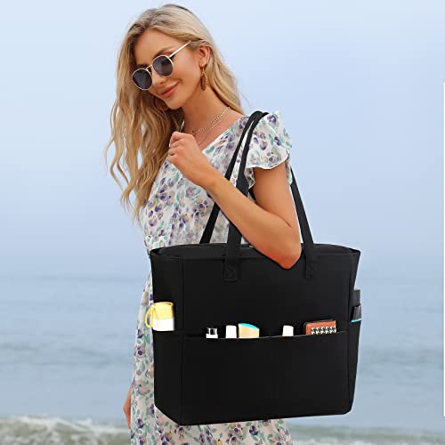 Beach Bag Waterproof Sandproof Women Tote Bag Pool Bag with Zipper for Gym Grocery Travel with Wet Pocket (Black)