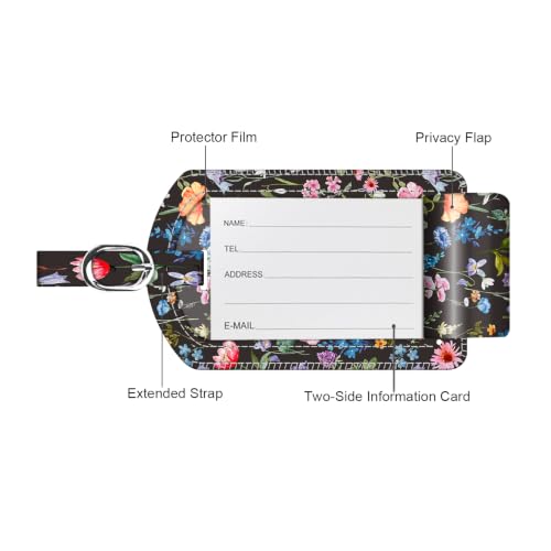 2 Pack Luggage Tags Leather Name ID Labels with Privacy Cover (Black Floral)