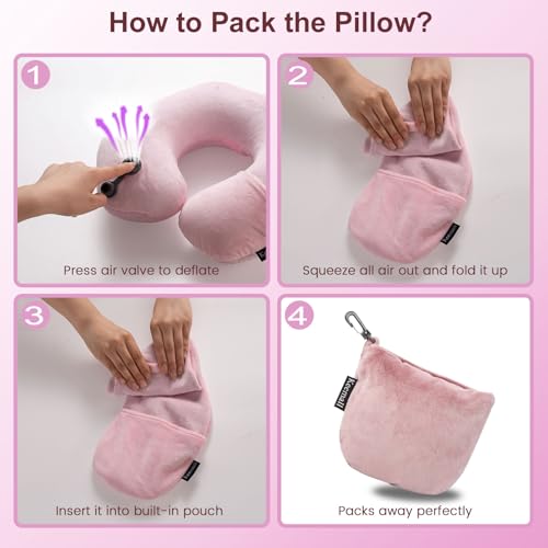Inflatable Travel Neck Pillow for Airplane to Relieve Neck Pain (Soft Pink / Medium)