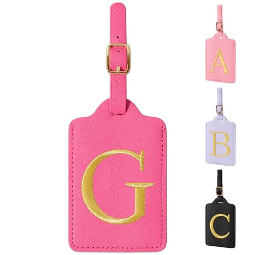 Personalized Rose Red Leather Initial Luggage Tags with Privacy Cover Name Card (Rose Leather,glod Letter / G)