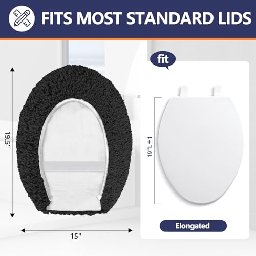Microfiber Elongated Toilet Seat Cover 19.5"x 15" Machine Washable (Black / Elongated)