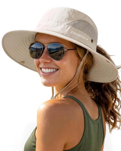 Womens Sun Hat with Ponytail Hole Beach Hiking Summer Wide Brim UPF 50+ Outdoor Protection Foldable Bucket Hat Beige (Beige)